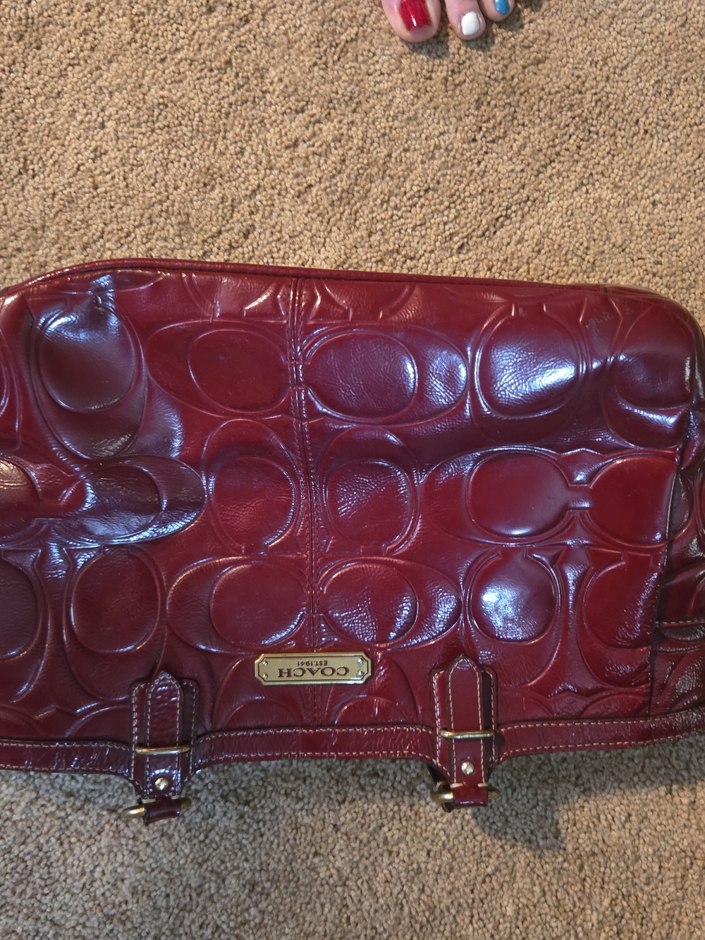 Coach Burgundy Patent Signature Shoulder Bag with Gold Plaque